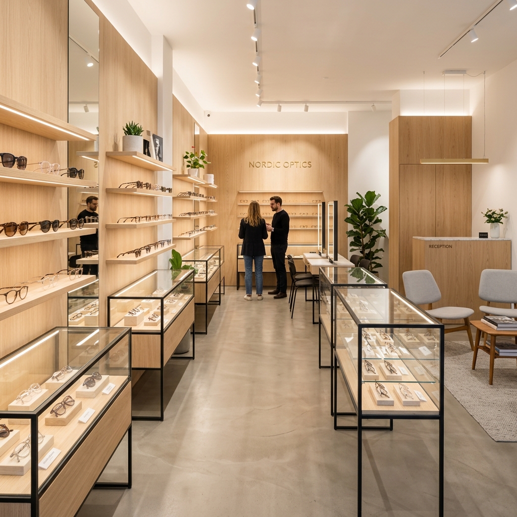 Elegant minimal scandinavian design optical store boutique retail experience interior showroom